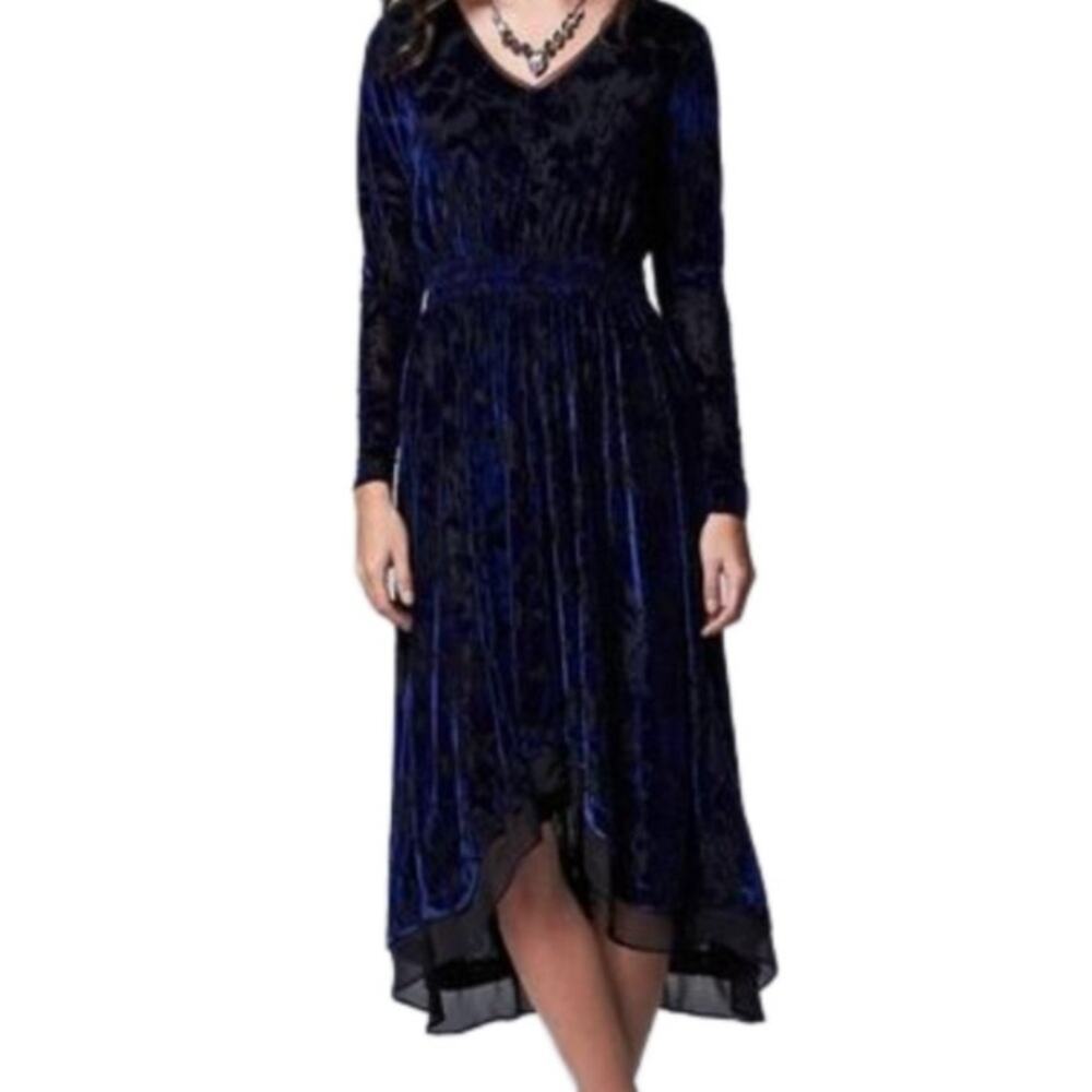 Burnout Velvet Vneck Long Sleeve Dress Witchy Whimsigoth Blue/Black | S Petite